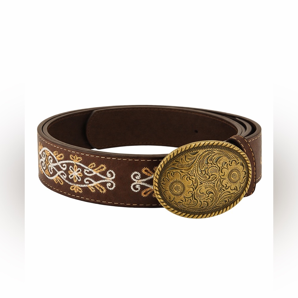 Floral Embroidered Western Oval Buckle Belt